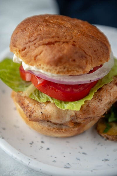 grilled chicken on bun with tomato, lettuce, onion and mayo