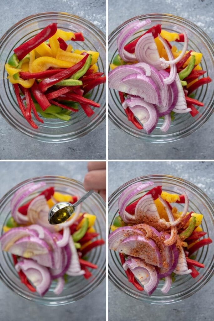 step by step adding oil and seasoning to peppers and onions