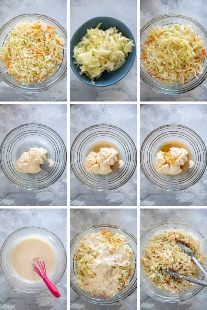 step by step photos of making apple coleslaw in a glass bowl