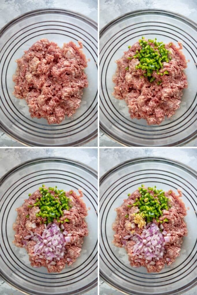 step by step mixing ingredients for pork burgers in glass bowl