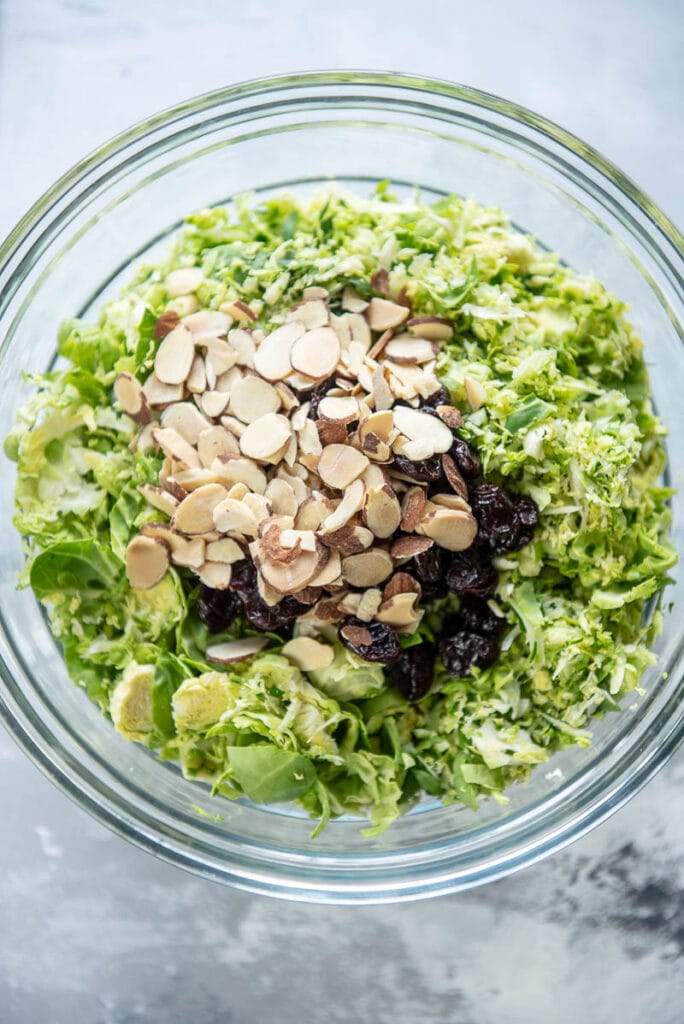 shredded Brussels sprouts with dried cherries and almonds