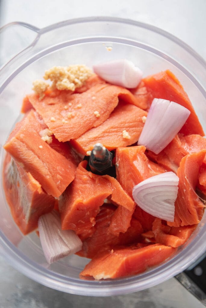 salmon, shallots, and garlic in a food processor