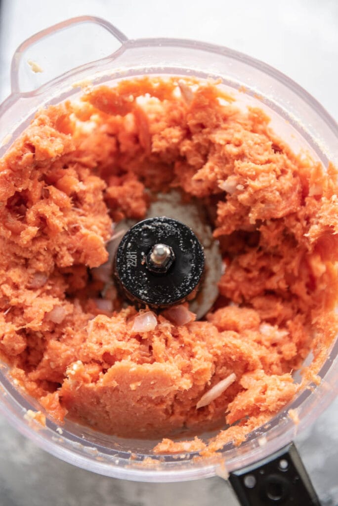 processed salmon in a food processor