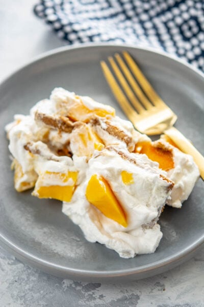 mango float on a grey plate with fork