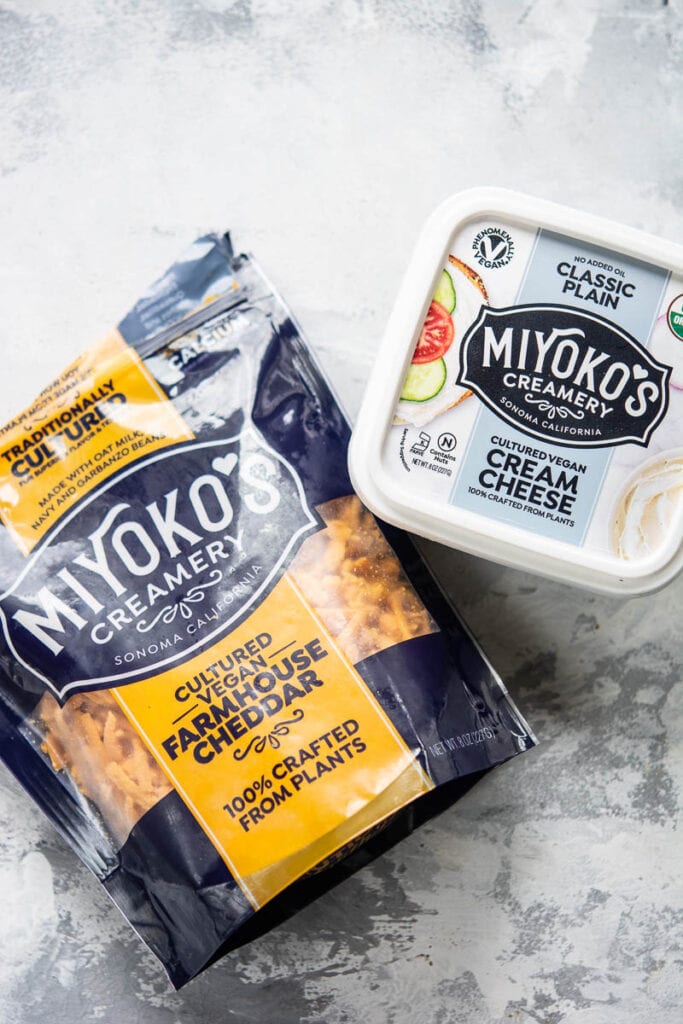 packages of miyoko's dairy free cheddar and cream cheese
