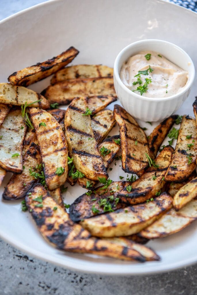 closeup of grilled potato wedges